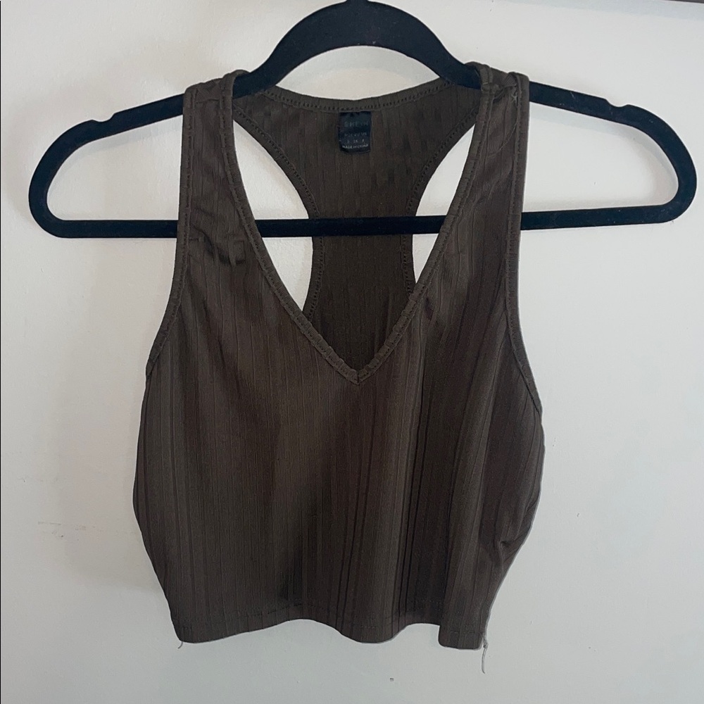 SHEIN Brown V-Neck Racerback Crop Tank